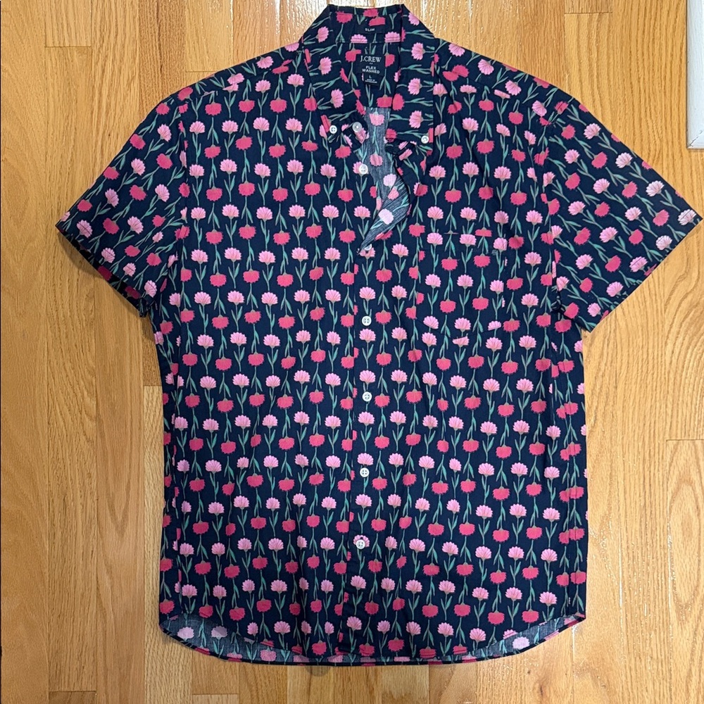 J. Crew Men's Shirt with Pink Floral on Dark Blue